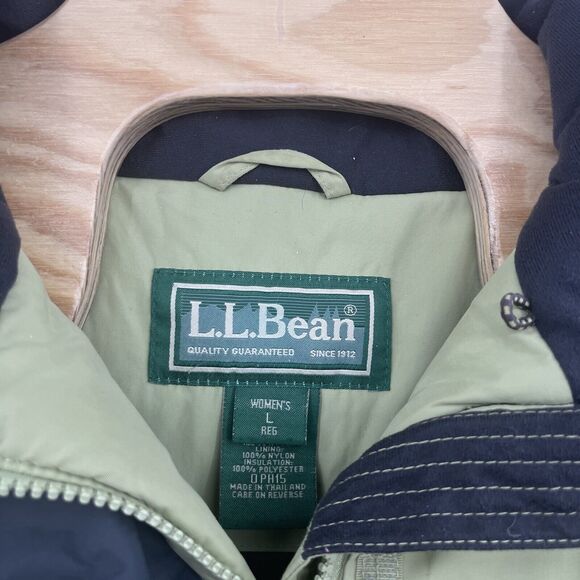 L.L Bean Womens Size L Ski Jacket Insulated Primaloft Hooded Coat Green Black - Picture 3 of 8